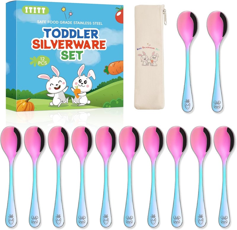 ITITT Stainless Steel Rainbow Toddler Spoons Set - 12 Pieces Food Grade Kids Spoons Set Safe Kids Silverware Children Small Spoon Metal Toddler Utensils Mirror Polished Sturdy and Durable Dishwasher Safe - Image 1